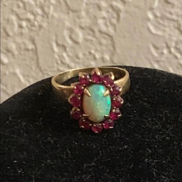 18k solid yellow gold Art Deco era opal ruby ring - Picture 9 of 11